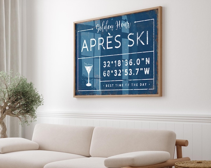 Apres Ski Coordinates Sign - Navy Blue, Custom Name, Rustic Style