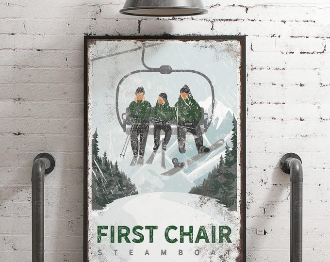 Personalized vintage FIRST CHAIR ski poster, 3 person chairlift, retro green wall art, custom ski mountain, Steamboat Springs, Colorado, vph