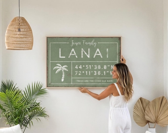 Lanai Sign with Family Name and GPS Coordinates, Custom Palm Tree Porch Art, Housewarming Gift