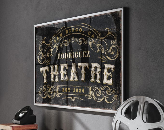 Personalized Theatre and Lounge Sign, Custom Theater Family Sign, Metal or Canvas, Large Rustic Wall Art, Home Theatre Decor, Gift for Him