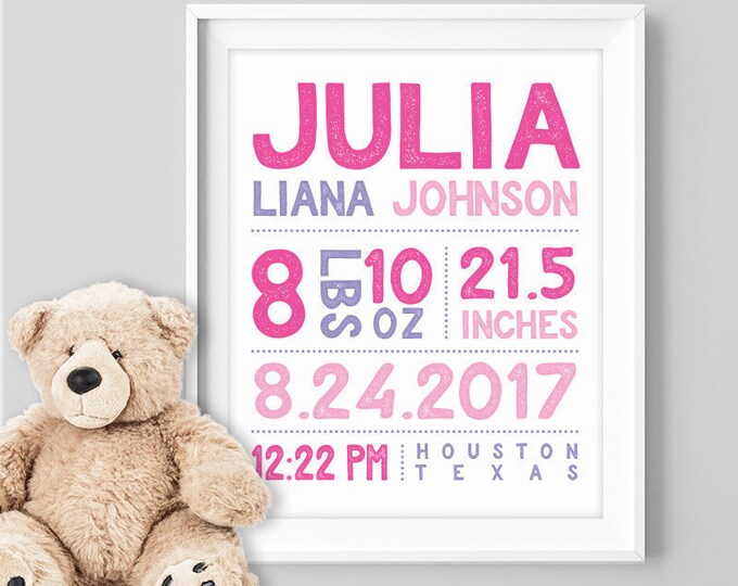 birth stats sign / personalized nursery poster / custom wall art print / HOT PINK PURPLE nursery girl ▷ Paper, Canvas {or} Printable