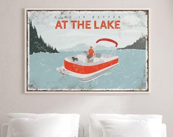 Rustic Lake House Sign - Man with Dog, Pontoon Boat Art