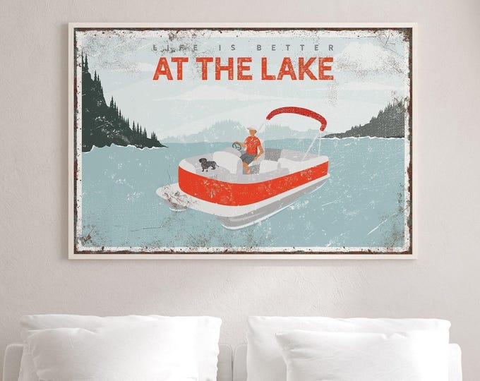 Rustic Lake House Sign - Man with Dog, Pontoon Boat Art