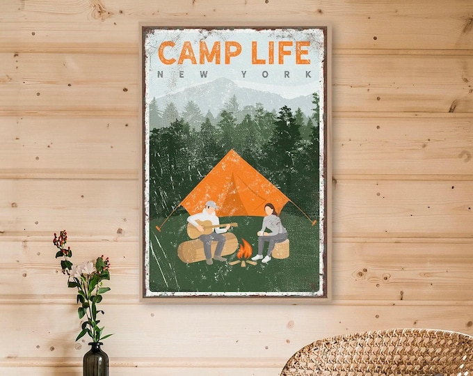 Campfire Guitar Print, Camp Cabin Art with Custom Location, Orange Tent Scene