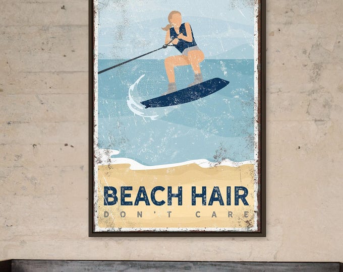 navy BEACH HAIR sign, personalized wake boarding poster for vintage navy beach house decor and wall art, wakeboard gift for her {vpb}
