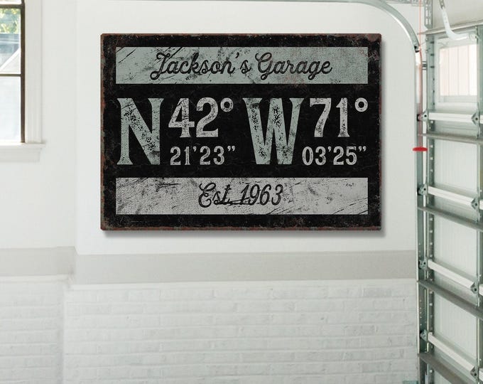 Jacksons Garage Sign, Personalized GPS Coordinates Print, Custom Est Year Wall Art