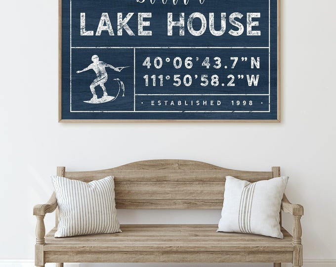 Lake House Canvas Sign, Personalized Wakeboard Art (Custom Name & Year)
