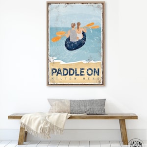 vintage KAYAK sign, PADDLE ON poster with couple kayaking, retro Hilton Head, South Carolina wall art, beach house gift for couple {vpb}