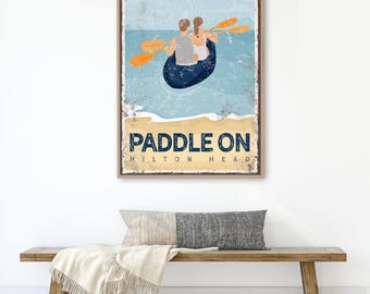 vintage KAYAK sign, PADDLE ON poster with couple kayaking, retro Hilton Head, South Carolina wall art, beach house gift for couple {vpb}