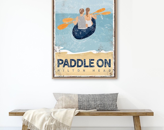 vintage KAYAK sign, PADDLE ON poster with couple kayaking, retro Hilton Head, South Carolina wall art, beach house gift for couple {vpb}