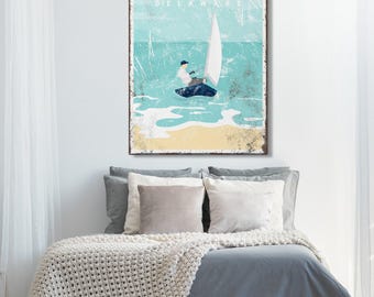 Dewey Beach Sign Vintage Sailboat Art, Large Framed Canvas, Coastal Wall Hanging, Nautical Decor, Handmade Beachhouse Poster, Rustic {VPB}