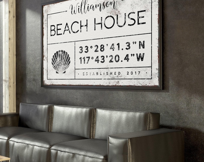 vintage BEACH HOUSE sign > custom lattitude longitude coordinates, family name and year established, canvas print for beachhouse decor {gdw}
