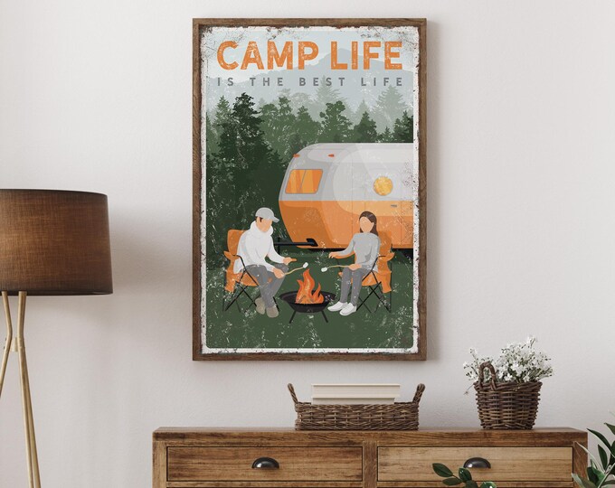 Camp Life Custom Camping Sign, Couple Camping by Campfire with Camper, Can be Personalized {vpt}