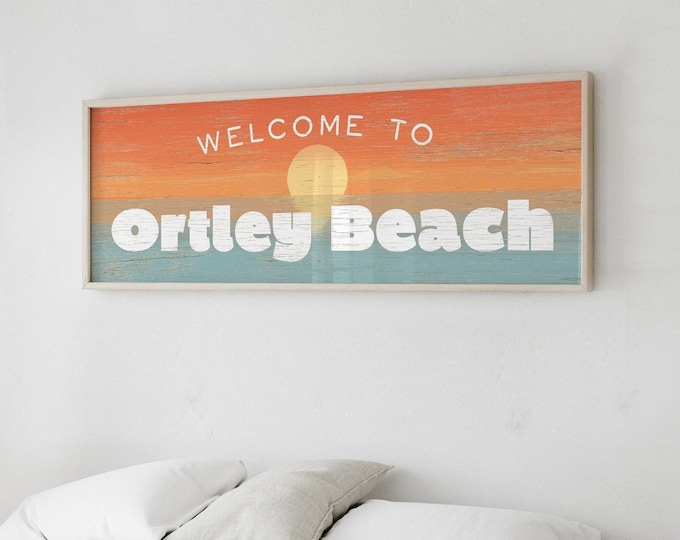 Sunset Sign for Ortley Beach, Personalized Shore Town Welcome Wall Art, Long Coastal Print
