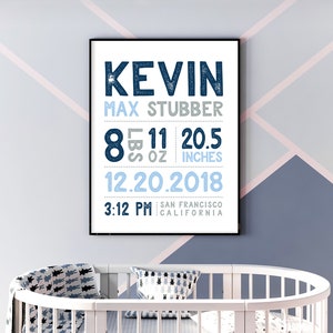 navy blue BIRTH STATS SIGN (printable or canvas poster) – custom baby stats, gray and navy nursery name sign, nautical navy