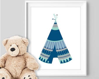 tribal teepee poster / tribal wall art print DIY / navy sign, NAVY MINT nursery poster, navy nursery wall▷ digital printable poster jpeg