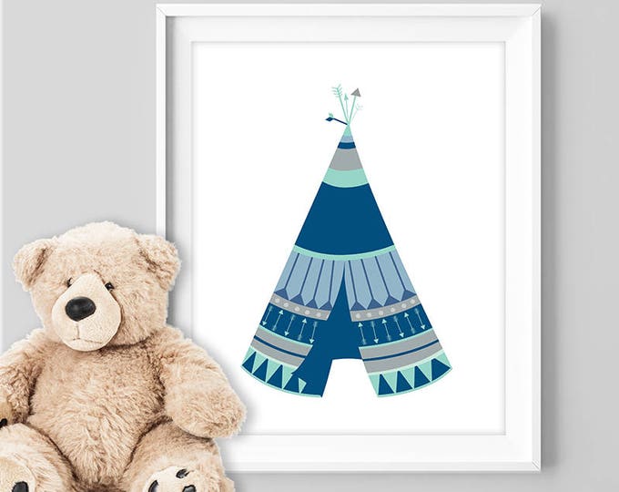 tribal teepee poster / tribal wall art print DIY / navy sign, NAVY MINT nursery poster, navy nursery wall▷ digital printable poster jpeg