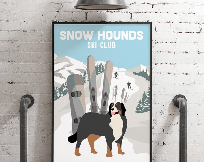 Bernese Mountain Dog Ski Sign, Retro Ski Club Poster, Custom Dog Artwork, Vintage Winter Decor, Personalized Gift, Waterproof Aluminum