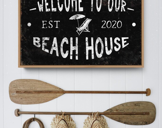 Beach House Welcome Sign: Weathered Canvas with Chair and Umbrella