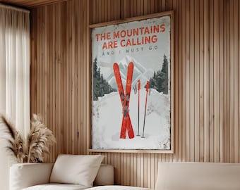 The MOUNTAINS ARE CALLING Poster with Red Skis, Ski Cabin Wall Art, Text Can be Personalized, Ski Gift for Dad, Red Ski Decor {vpw}