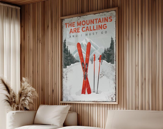 The MOUNTAINS ARE CALLING Poster with Red Skis, Ski Cabin Wall Art, Text Can be Personalized, Ski Gift for Dad, Red Ski Decor {vpw}
