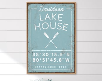 Personalized Lake House Sign: Custom Coordinates and Name (Canvas or Paper)