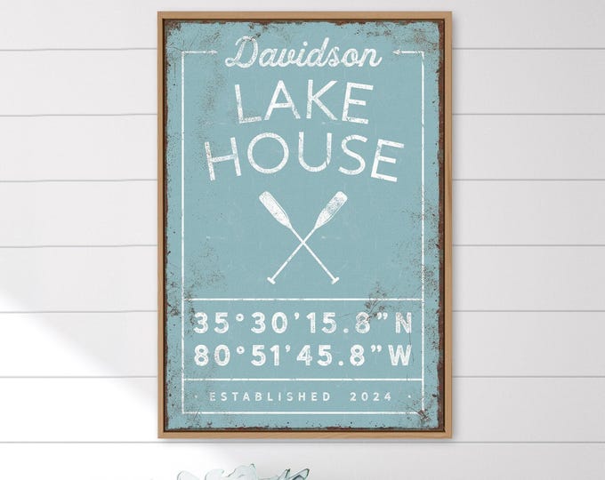 Personalized Lake House Sign: Custom Coordinates and Name (Canvas or Paper)
