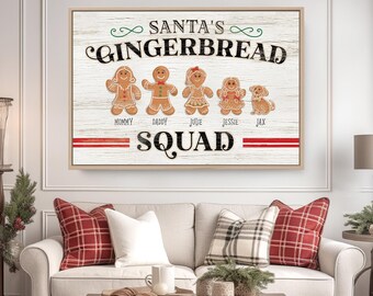 Gingerbread Family Wall Sign, Holiday Decor (Custom Names, Distressed Wood)