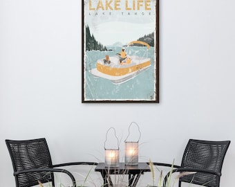 Rustic Lake Sign with Pontoon Boat and Dogs, Custom Lake Tahoe Wall Art, Couples Anniversary Gift