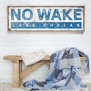 Lakehouse No Wake Sign, Ocean Blue, Rustic Style (Customizable Text)