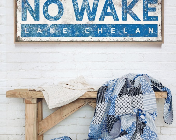 Lakehouse No Wake Sign, Ocean Blue, Rustic Style (Customizable Text)