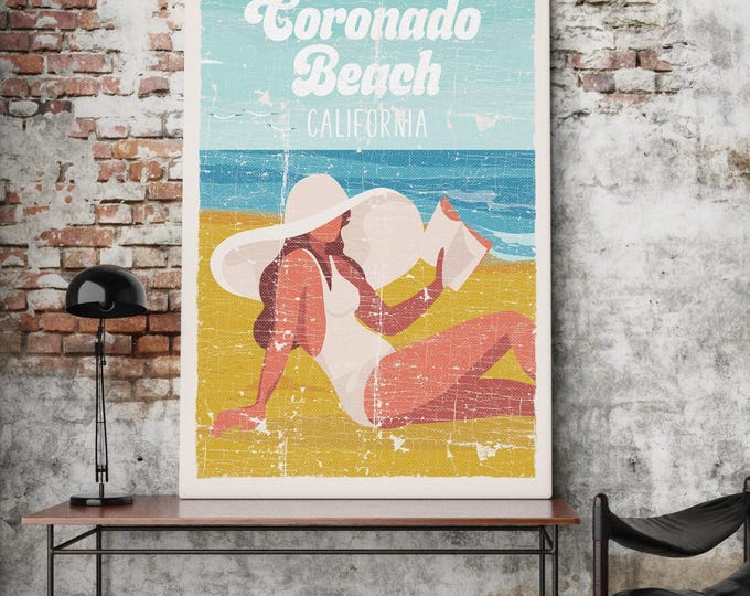 Beach Sign in Aqua, Custom Town Name Coastal Canvas, Retro Sunbathing Print for Shore House