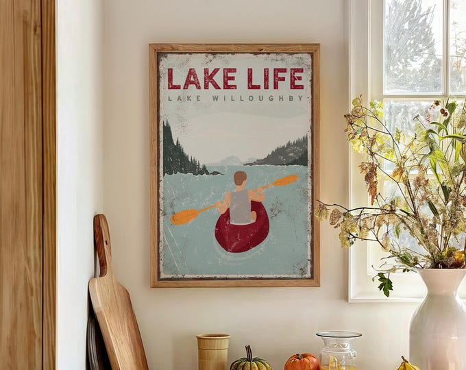 Lake House Decor, Gift for Kayaker, Vintage Lake Poster, Rustic Kayak Wall Art, Personalized Lake Canvas, Retirement Gift for Him {vpl}
