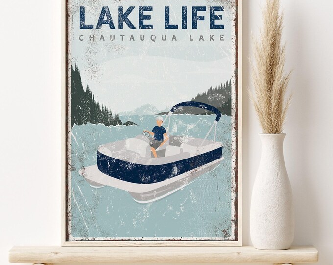 Pontoon Boat Lake Art: Navy Blue Canvas Print (Rustic Wood Frame)