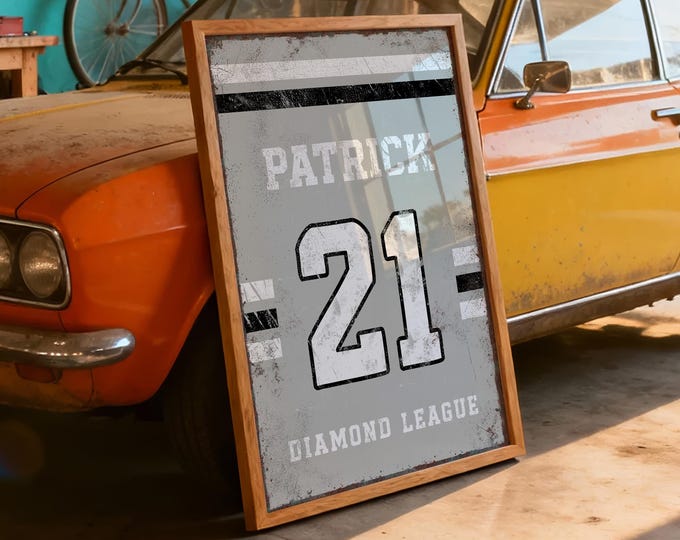 Custom Sports Wall Sign: Light Silver Gray, Name & Jersey Number
