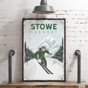 Custom STOWE poster • Vintage Vermont ski mountain wall art • Forest green travel art canvas • Ski gift for Dad • Ski lodge decor {vpw}