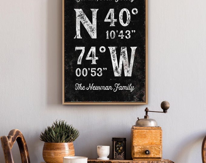 Last Name Sign Personalized With Your Coordinates, Black and Cream Wall Art
