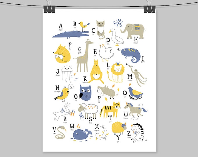 yellow, blue, gray alphabet sign / wall art print / letters, animal ALPHABET poster / gender neutral nursery ▷ archival matte paper print