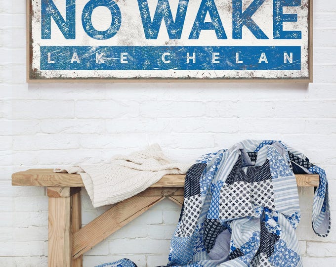 Large No Wake, Blue White Boating Sign, Custom Lake Name Banner Art
