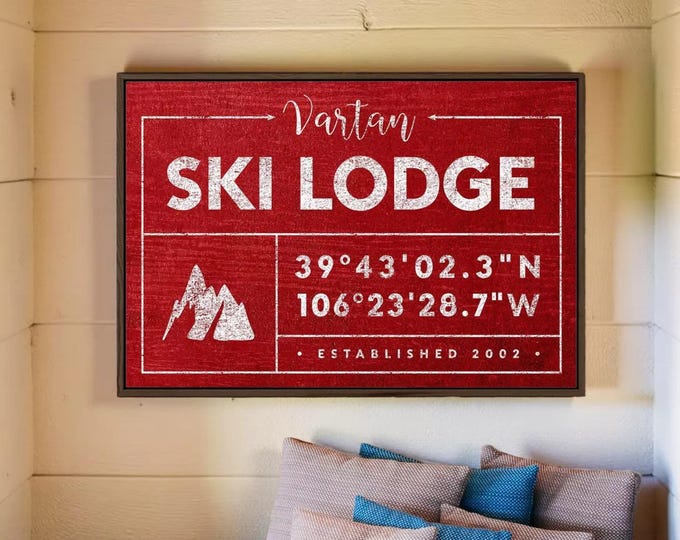 Family Name Ski Lodge Sign, Rustic Canvas (Custom GPS Coordinates)
