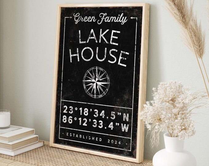 retro LAKE HOUSE sign with compass, personalized last name canvas print with custom coordinates, year established, perfect lake gift for mom