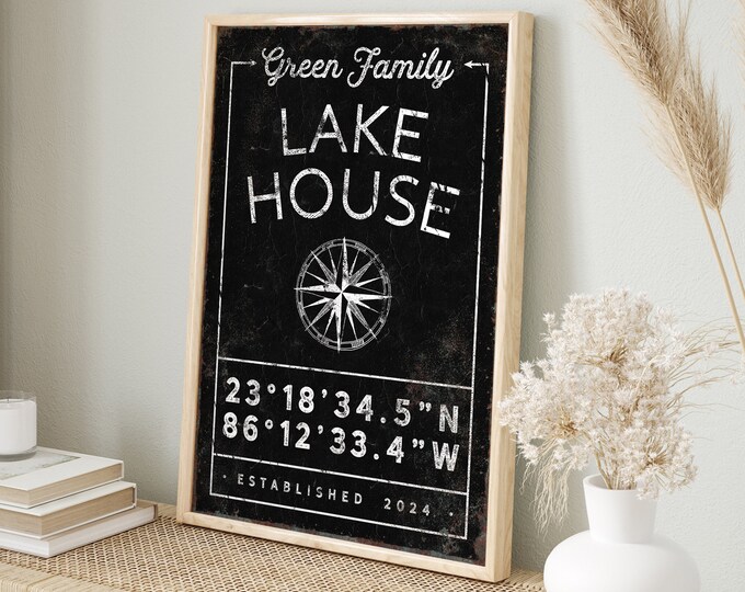 retro LAKE HOUSE sign with compass, personalized last name canvas print with custom coordinates, year established, perfect lake gift for mom