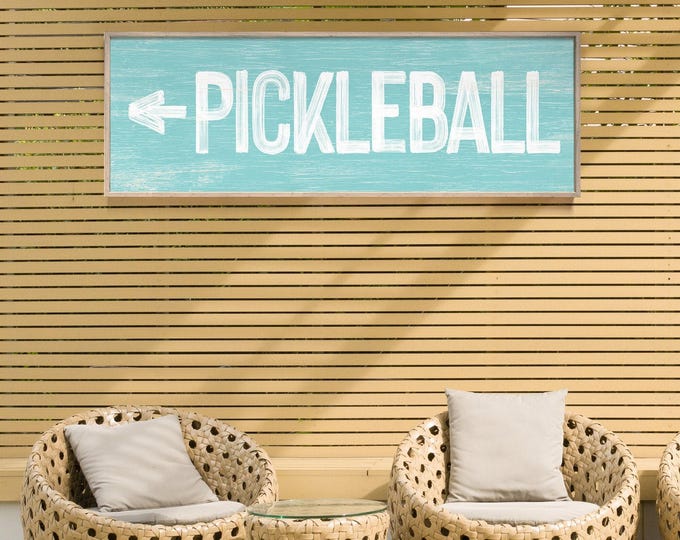 Vintage Pickleball Sign, Aqua Blue Arrow (Distressed Wood, Customizable)