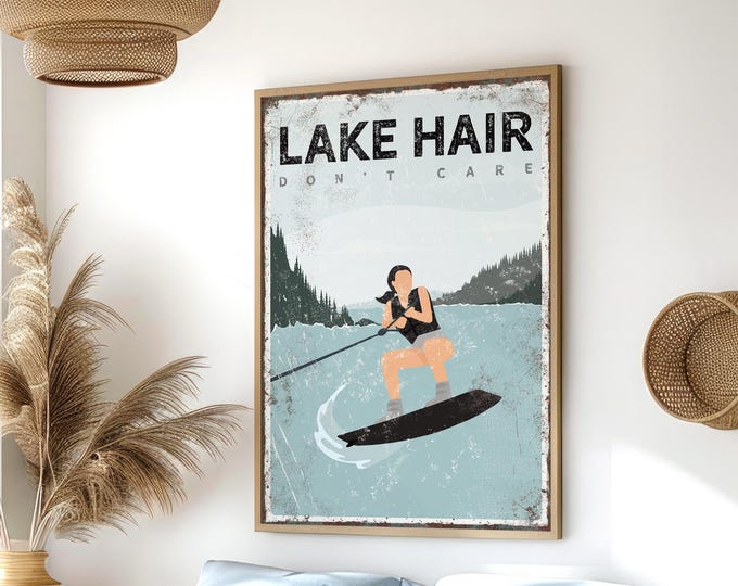 Personalized Decor, Wakeboarding Gift, Lake House Decor, Retro Lake Hair Sign, Wakeboard Poster, Cabin Wall Art, Indoor Outdoor Gift {vpl}
