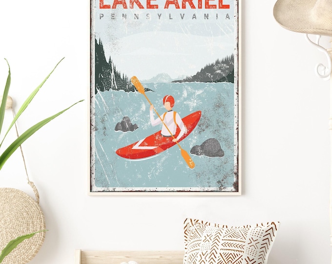 Kayak Lake Sign, Red and Orange Kayak Illustration, Custom Lake Name Gift