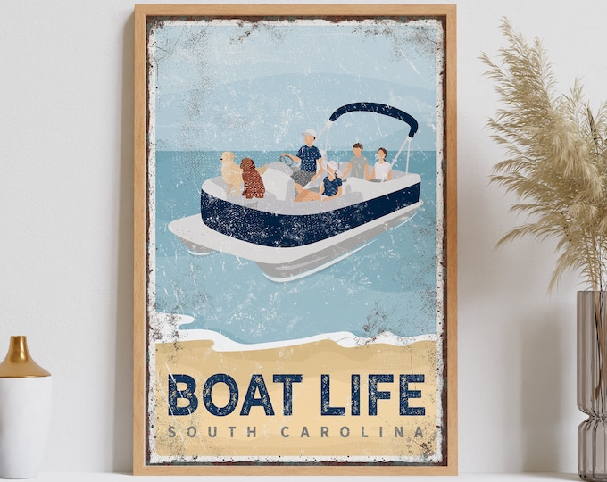 personalized FAMILY pontoon boat sign, BOAT LIFE, South Carolina canvas print, family of four with two dogs, navy beach house decor {vpb}