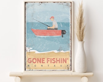 Vintage Beach Sign, Montauk Fishing Theme (Personalized, Rustic Frame)