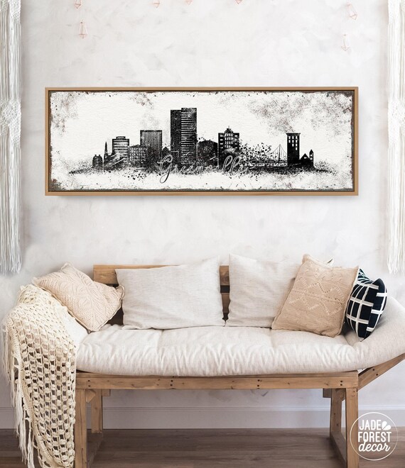 Greenville Skyline Art: Farmhouse Style Wall Decor (Extra Large, Framed)