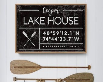 personalized lake house sign, rustic last name canvas for lakehouse, custom GPS location coordinates, black boho farmhouse wall art {GDB}