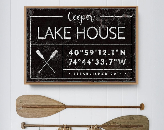 personalized lake house sign, rustic last name canvas for lakehouse, custom GPS location coordinates, black boho farmhouse wall art {GDB}